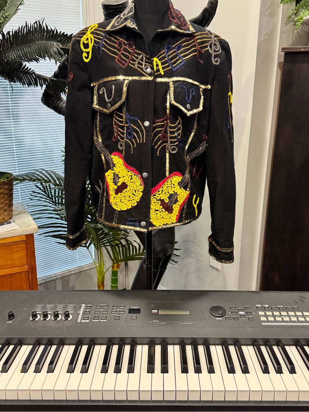 Black Embroidered Musical-Themed unisex Jacket